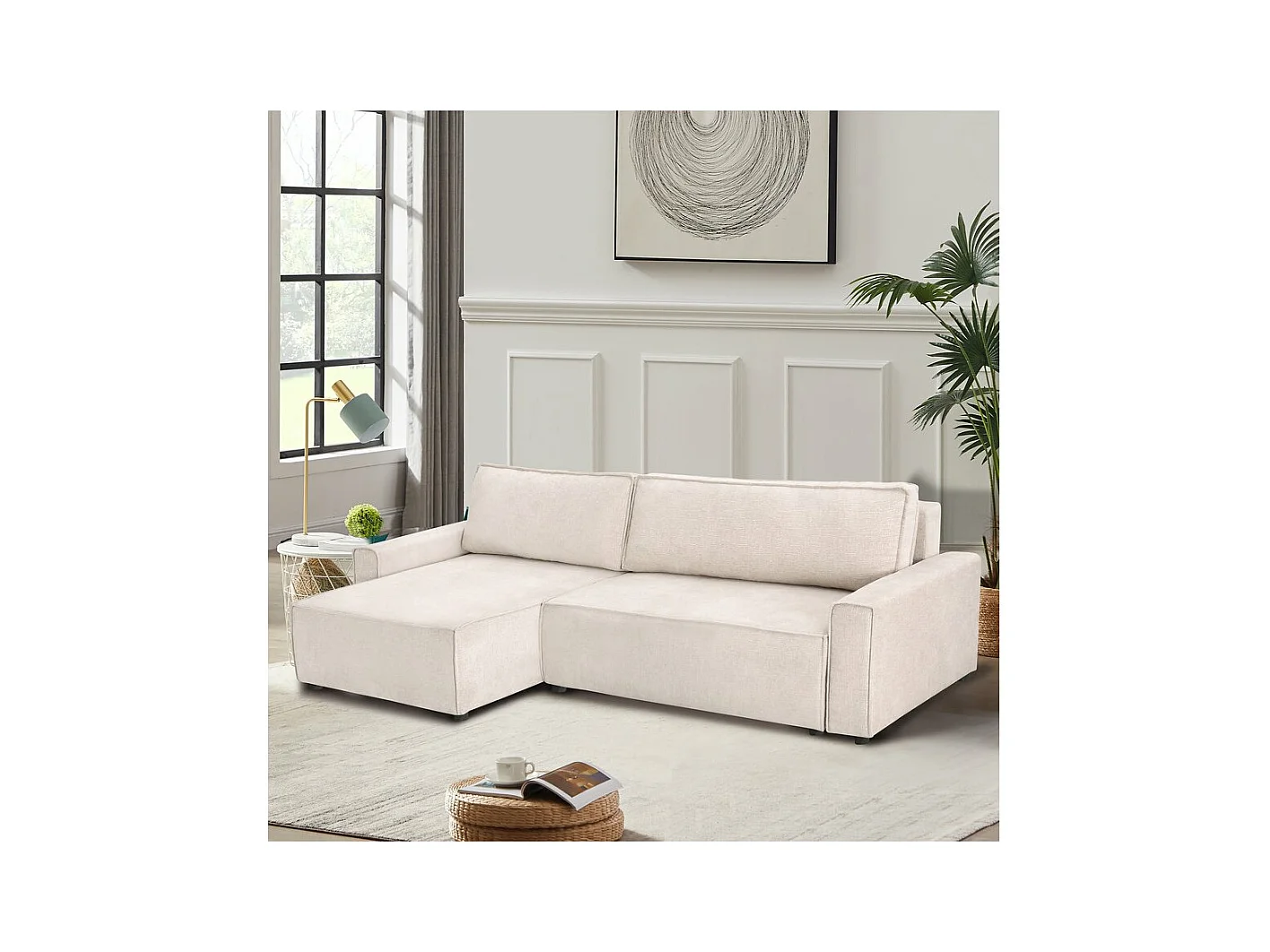 Canapé d'angle convertible en tissu texturé "Montaigne" - 4 places - Beige