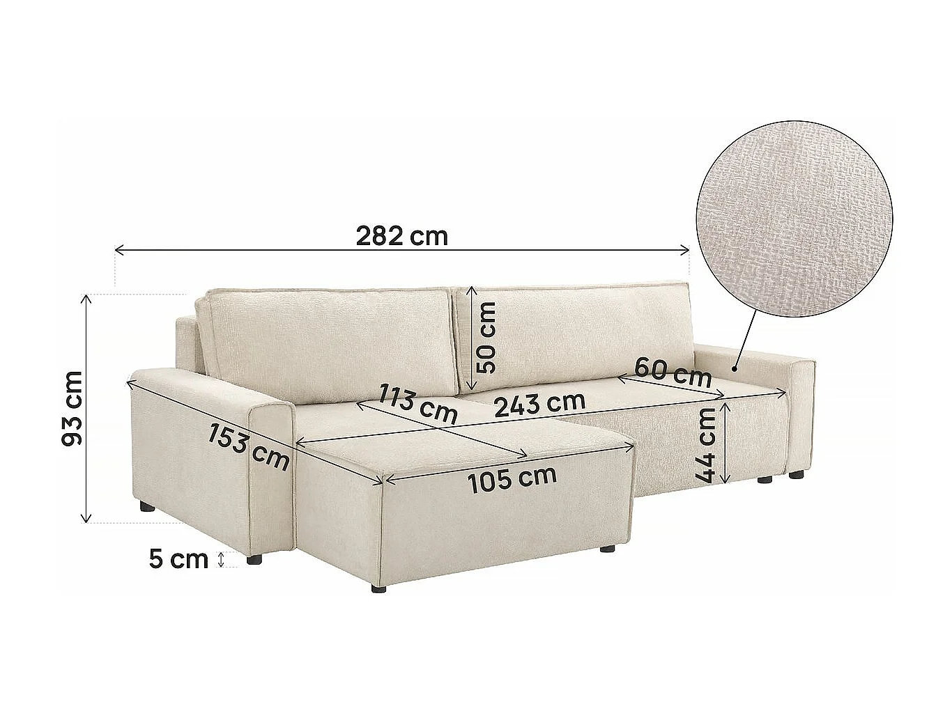 Sofá-cama de canto "Montaigne" em tecido texturado - 4 lugares - Bege