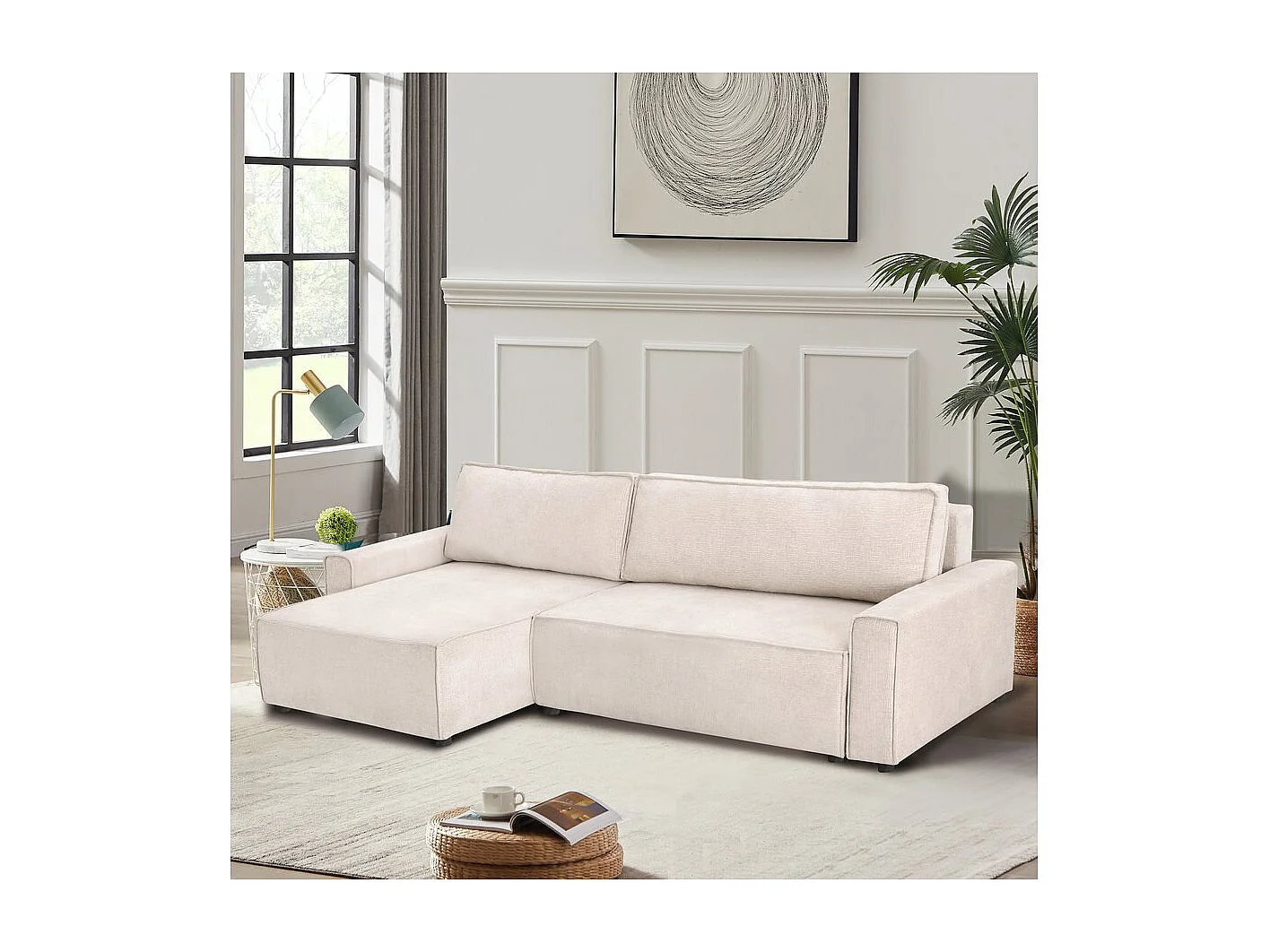 Hoekbank slaapbank getextureerd textiel bank "Montaigne" - 4 zits - Beige - lichtbruin