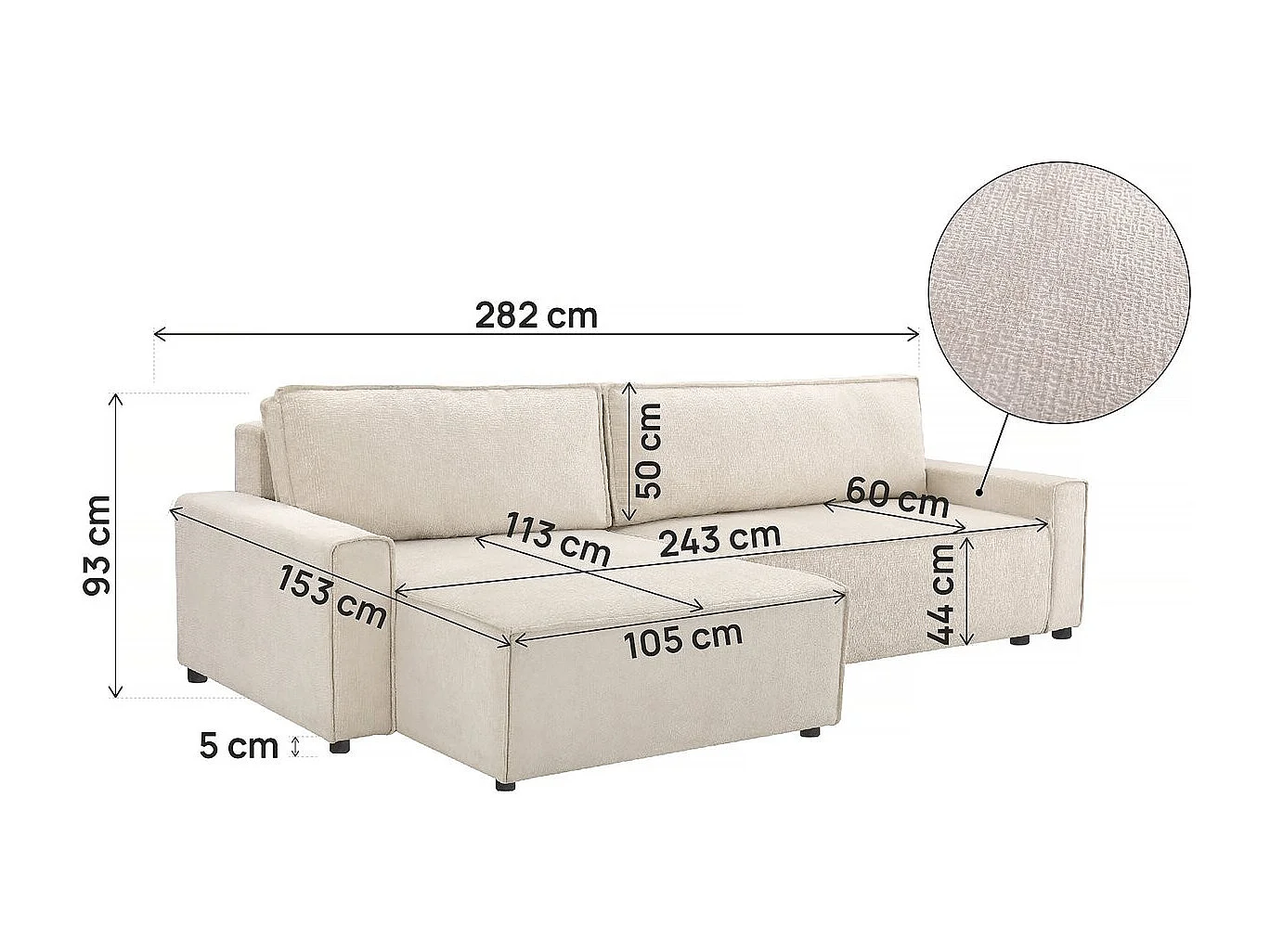 Hoekbank slaapbank getextureerd textiel bank "Montaigne" - 4 zits - Beige - lichtbruin