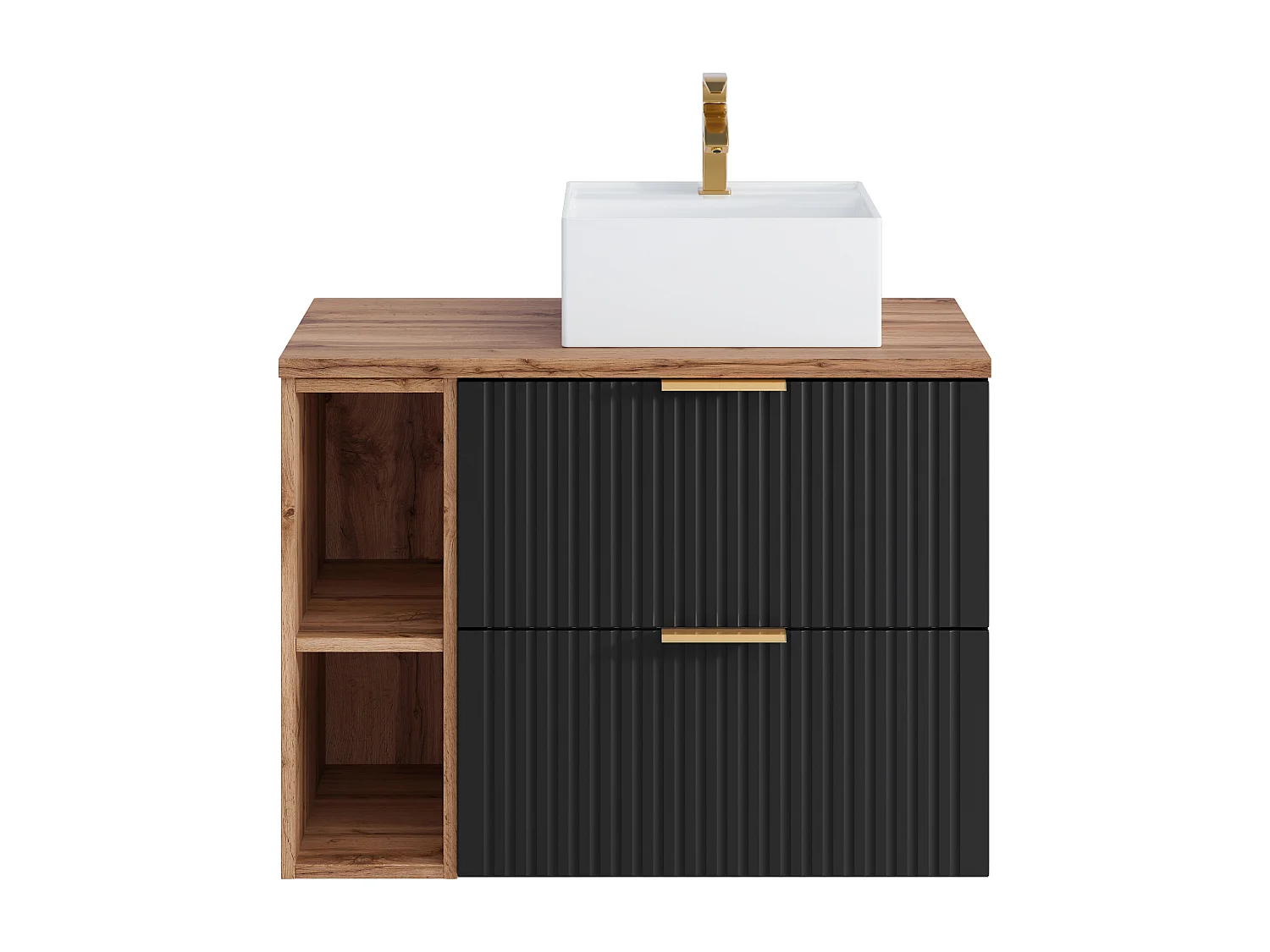 Meuble de salle de bain suspendu strié avec niches et vasque à poser carrée - Noir et naturel clair - L80 cm - ZEVARA