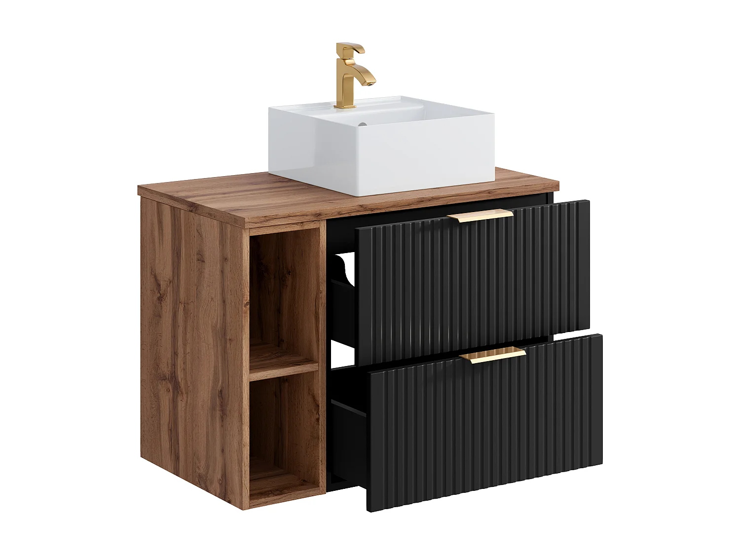 Meuble de salle de bain suspendu strié avec niches et vasque à poser carrée - Noir et naturel clair - L80 cm - ZEVARA