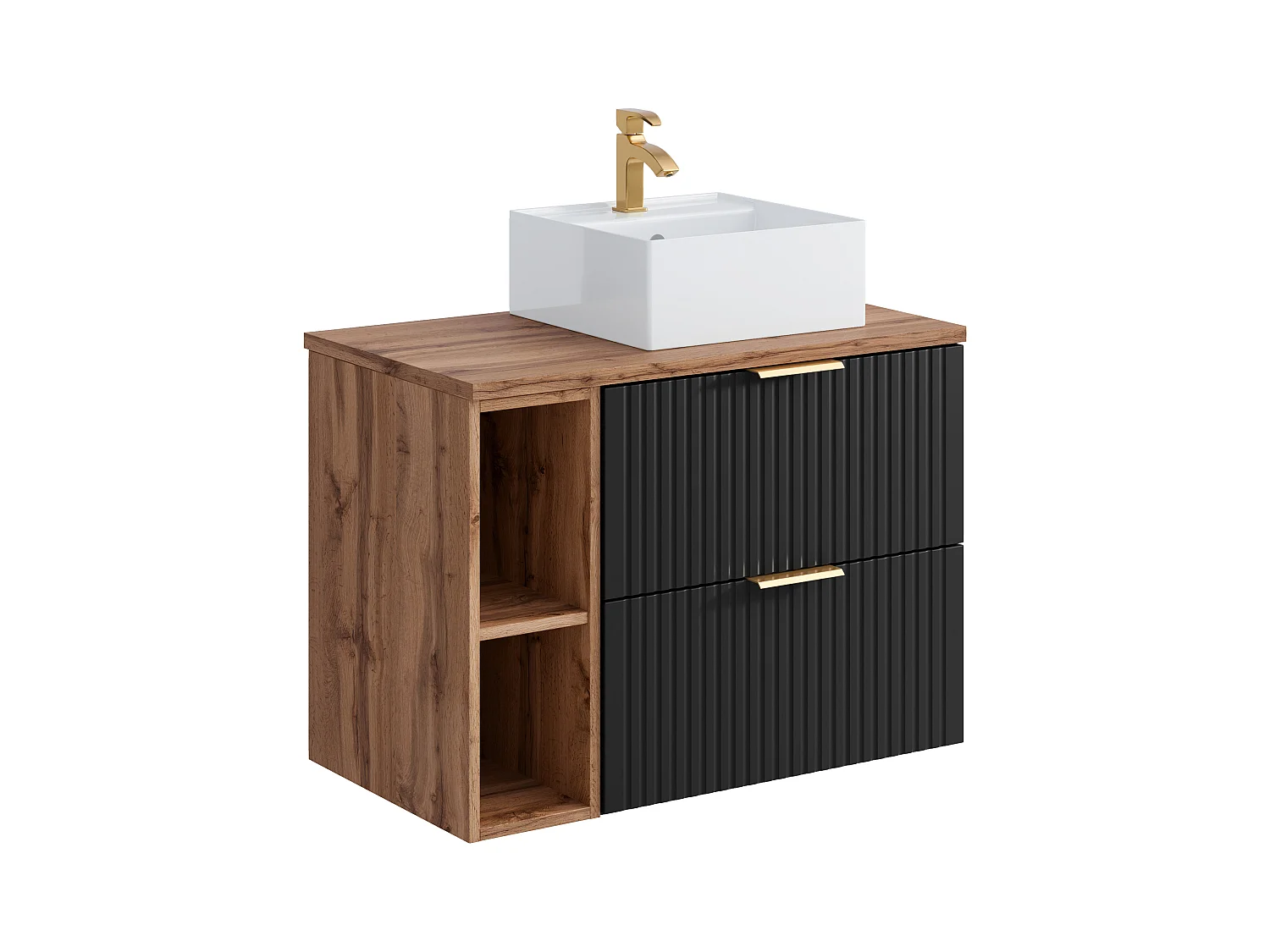 Meuble de salle de bain suspendu strié avec niches et vasque à poser carrée - Noir et naturel clair - L80 cm - ZEVARA