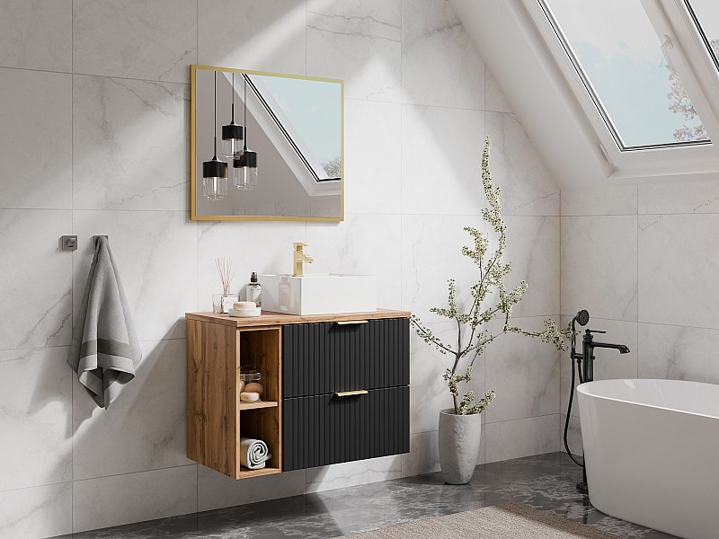Ribbed black bathroom vanity unit with niches and countertop basin, 80 ...