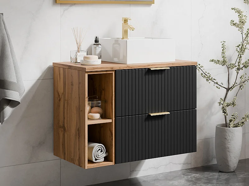 Hangend geribbeld badkamermeubel met nissen en vierkante opbouwwastafel - Zwart en licht naturel - L80 cm - ZEVARA