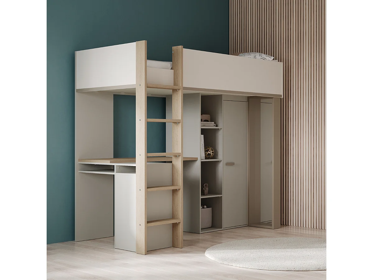 Lit mezzanine avec bureau et armoire H183 cm - CAMILLIA