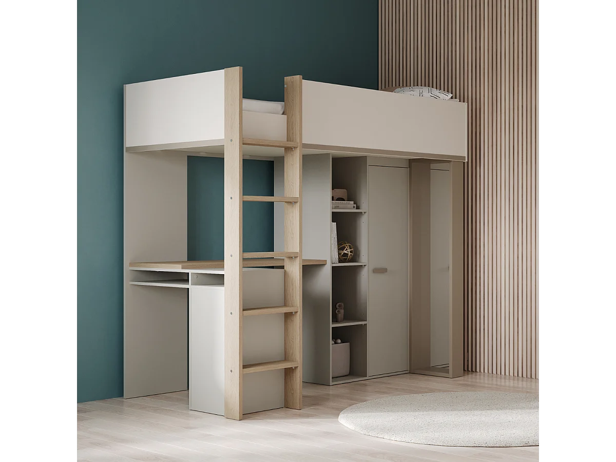 Lit mezzanine avec bureau et armoire H183 cm - CAMILLIA
