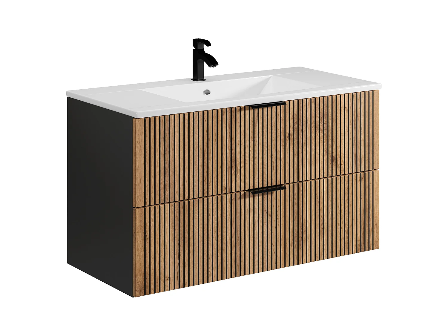 Meuble de salle de bain suspendu avec vasque à encastrer - Naturel clair et noir - 100 cm - MADELA