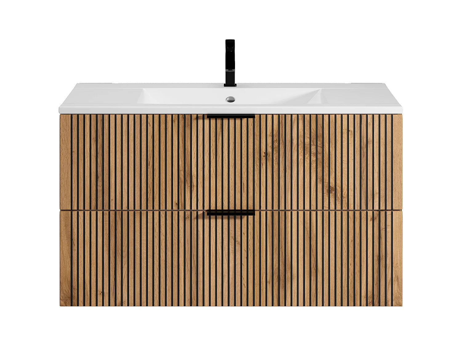 Upphängda badrumskåp med inbyggd tvättställ - Ljust trä och svart - 100 cm - MADELA