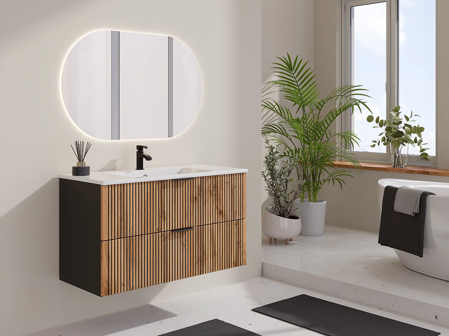 Meuble de salle de bain suspendu avec vasque à encastrer - Naturel clair et noir - 100 cm - MADELA