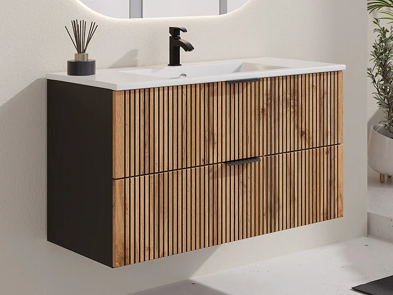 Meuble de salle de bain suspendu avec vasque à encastrer - Naturel clair et noir - 100 cm - MADELA