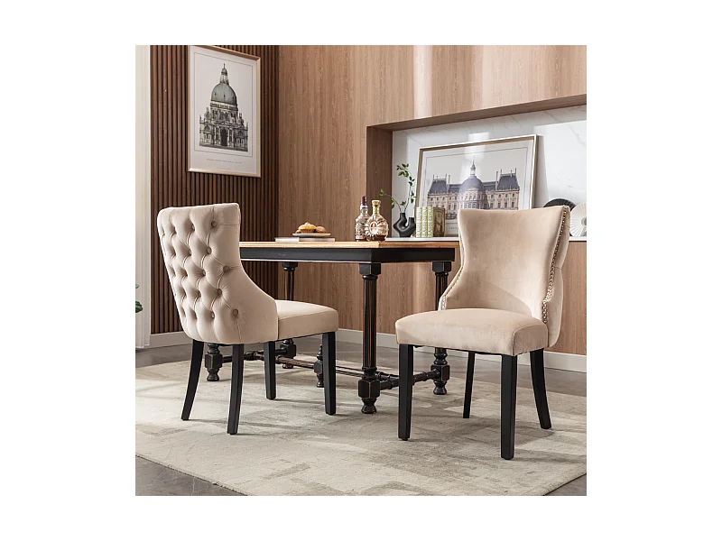Silla de comedor de terciopelo beige con patas de madera maciza, diseño clásico, 50x41x91 cm, juego de 2