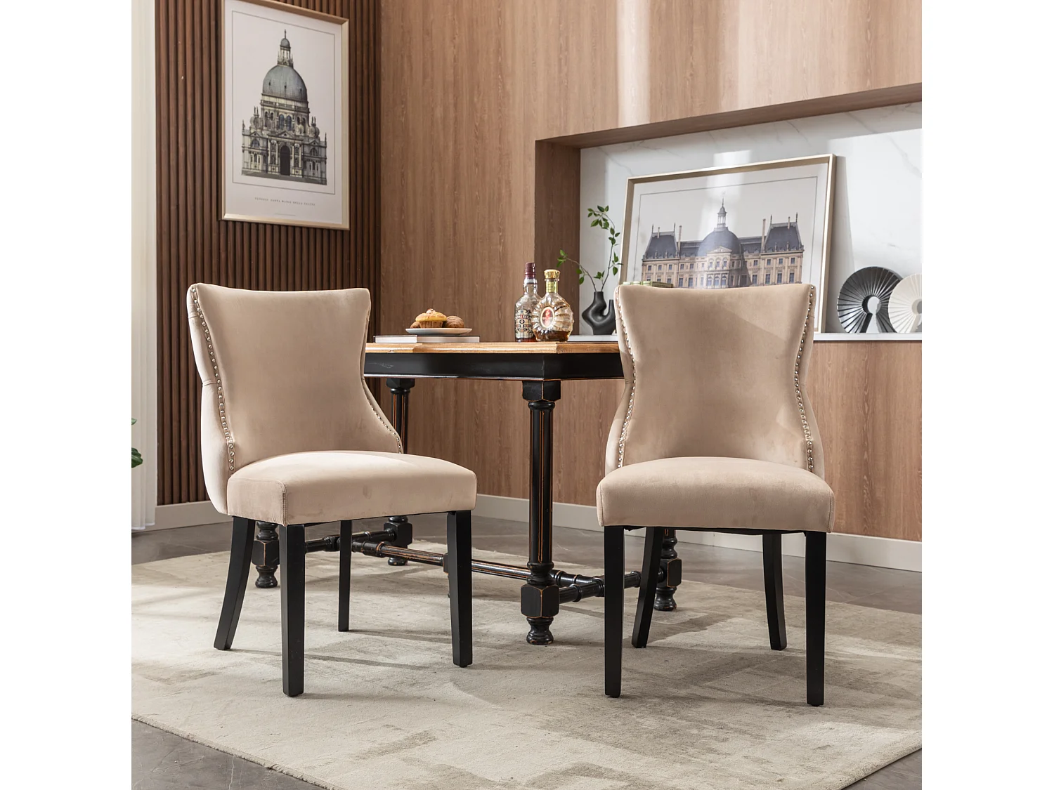 Silla de comedor de terciopelo beige con patas de madera maciza, diseño clásico, 50x41x91 cm, juego de 2