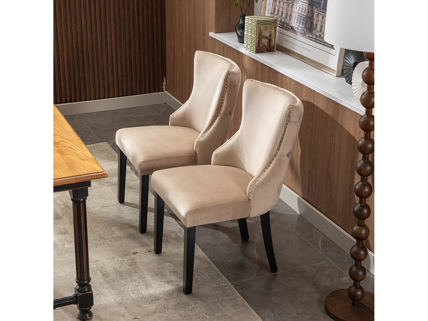Silla de comedor de terciopelo beige con patas de madera maciza, diseño clásico, 50x41x91 cm, juego de 2