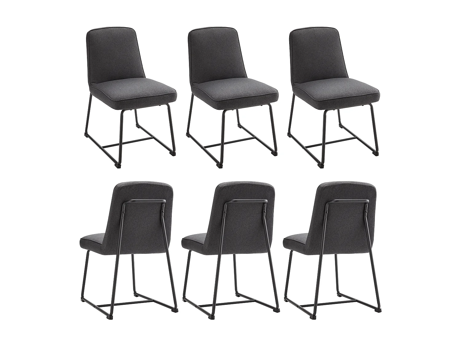 Leinen-Esszimmerstühle, 6 Stück, Schwarzes Metall, Armlehnen, Grau
