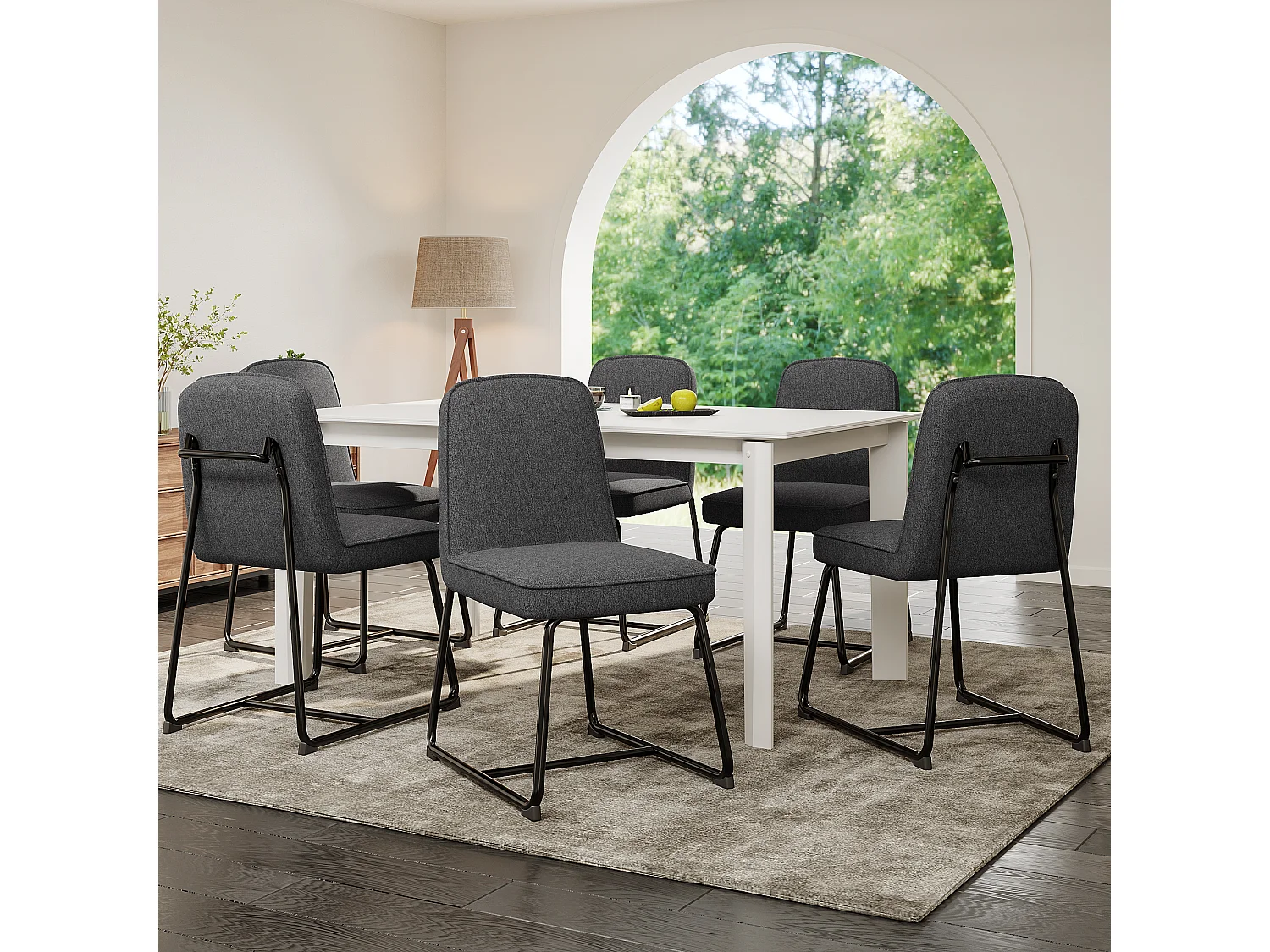 Leinen-Esszimmerstühle, 6 Stück, Schwarzes Metall, Armlehnen, Grau