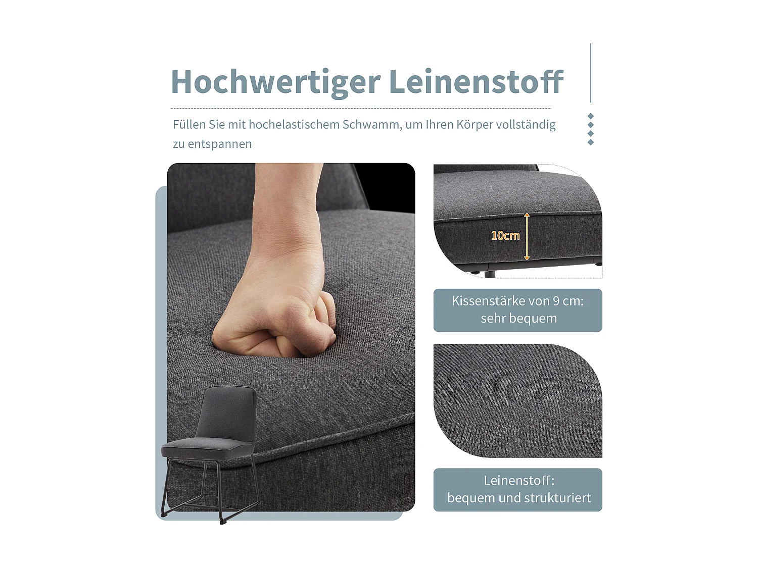 Leinen-Esszimmerstühle, 6 Stück, Schwarzes Metall, Armlehnen, Grau