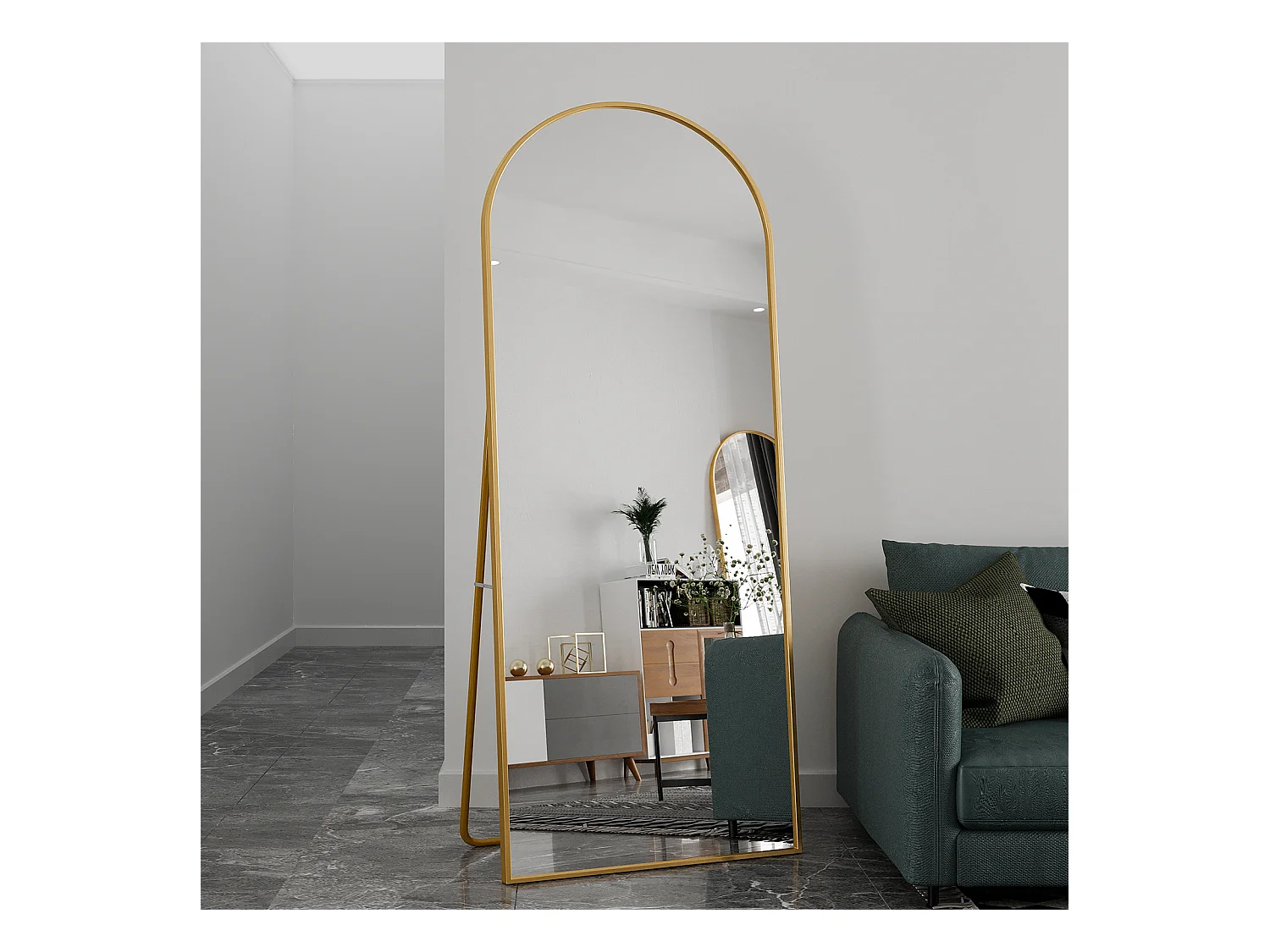Espejo de cuerpo entero 180x80 cm, de pie o colgante, gran espejo con marco de aluminio dorado en arco, ideal para sala de estar o dormitorio