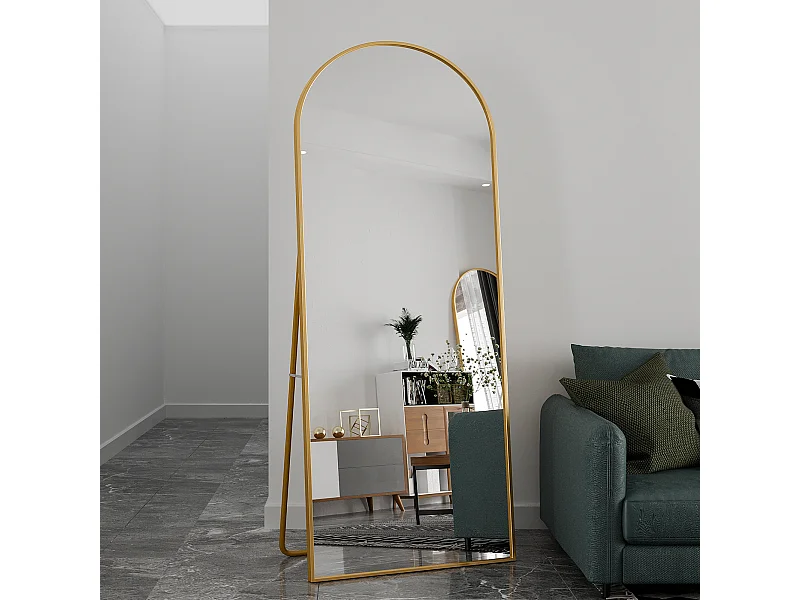 Miroir pleine longueur 180 x 80 cm, sur pied, suspendu ou appuyé, grand miroir de sol avec cadre en alliage d'aluminium doré pour salon ou chambre à coucher, Arc