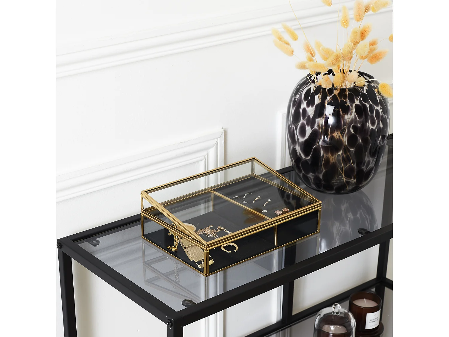 Boite A Bijoux Verre Et Velours Noir Or, Noir, Transparent