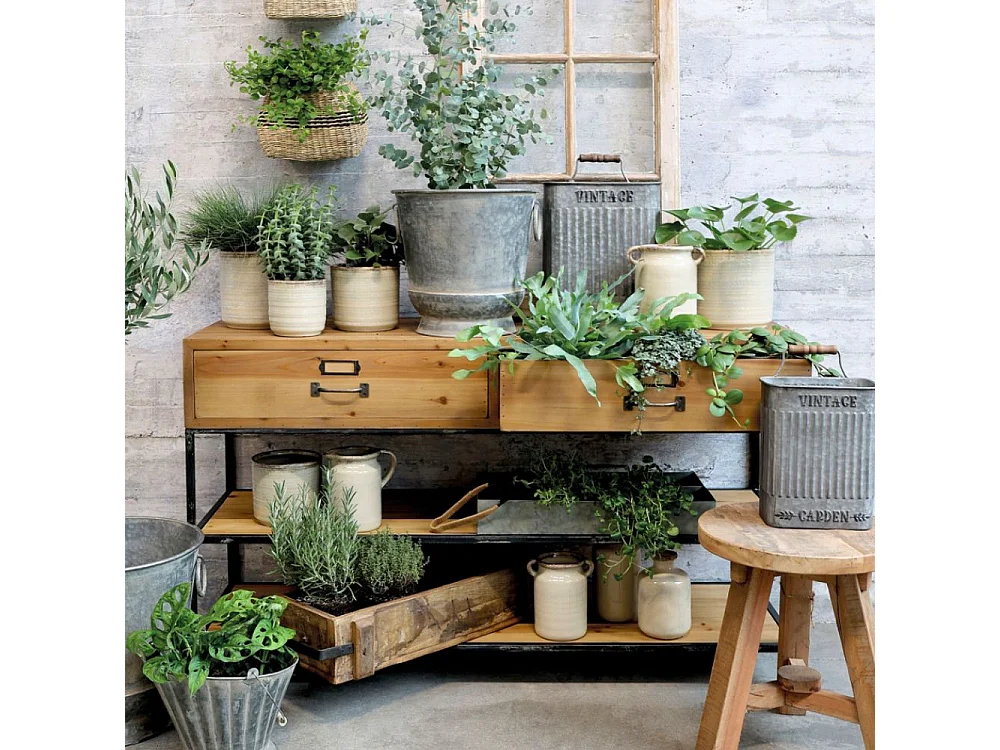 Meuble buffet en bois de sapin marron et fer noir 124 x 42 x 72 cm