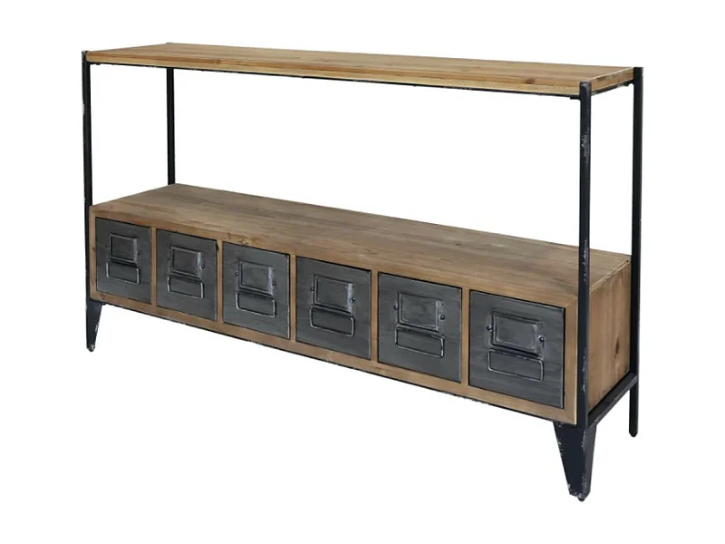 Meuble buffet en bois de sapin marron et zinc gris 133 x 32.5 x 77 cm