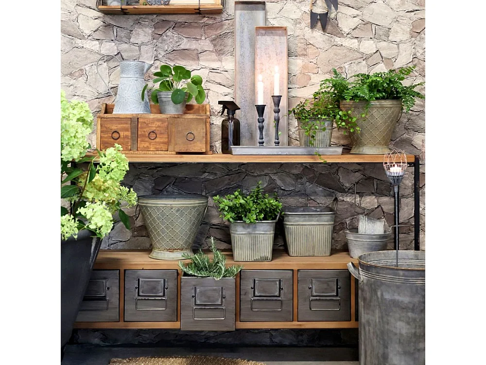 Meuble buffet en bois de sapin marron et zinc gris 133 x 32.5 x 77 cm