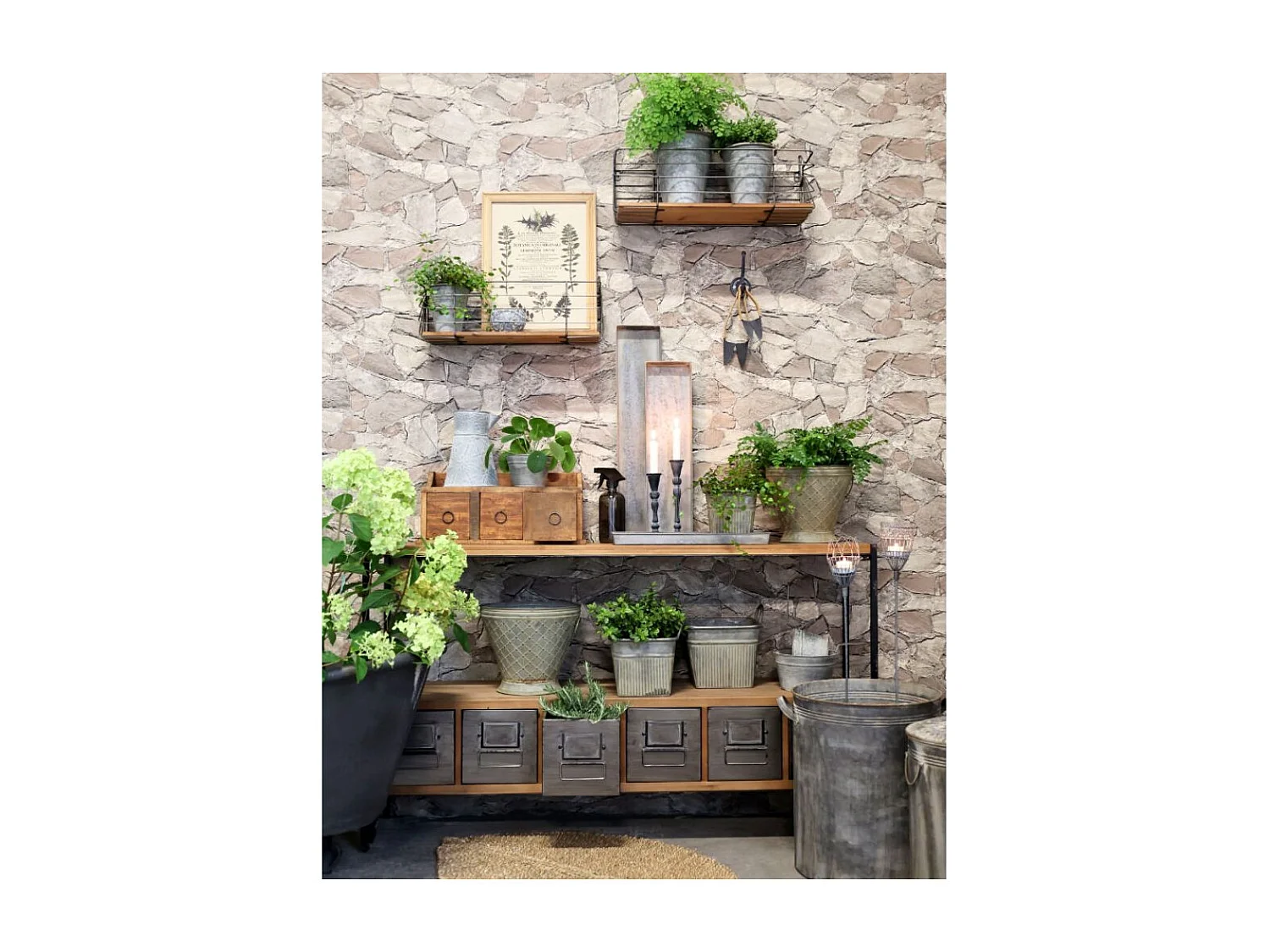 Meuble buffet en bois de sapin marron et zinc gris 133 x 32.5 x 77 cm