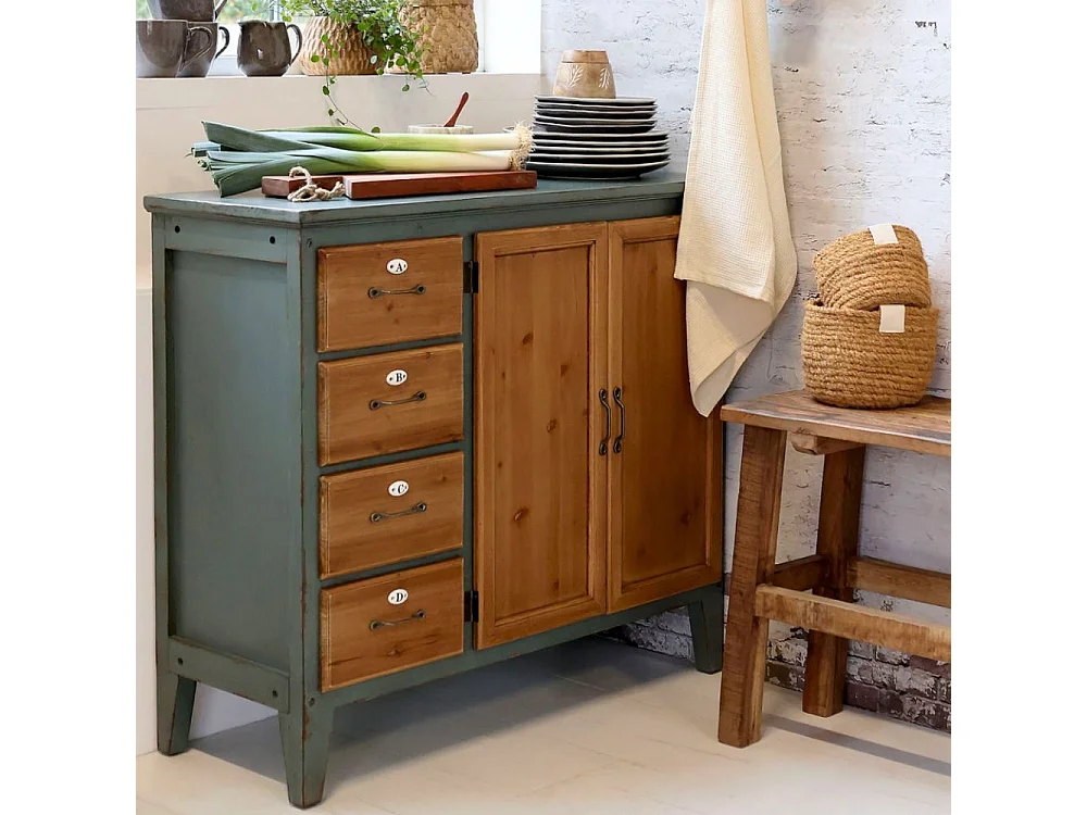 Meuble buffet en bois de sapin bleu opale et marron 90 x 37 x 80.5 cm