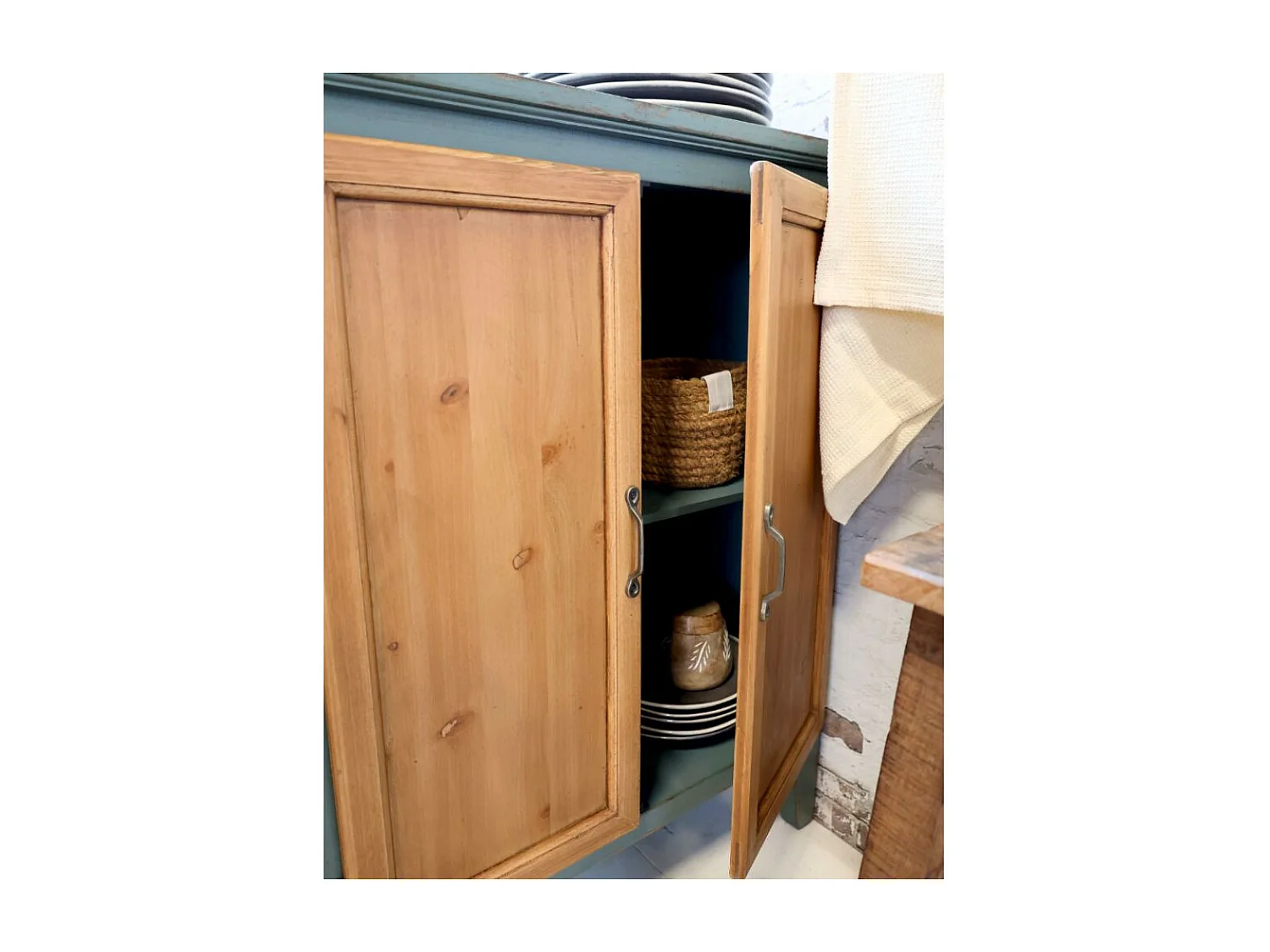 Meuble buffet en bois de sapin bleu opale et marron 90 x 37 x 80.5 cm