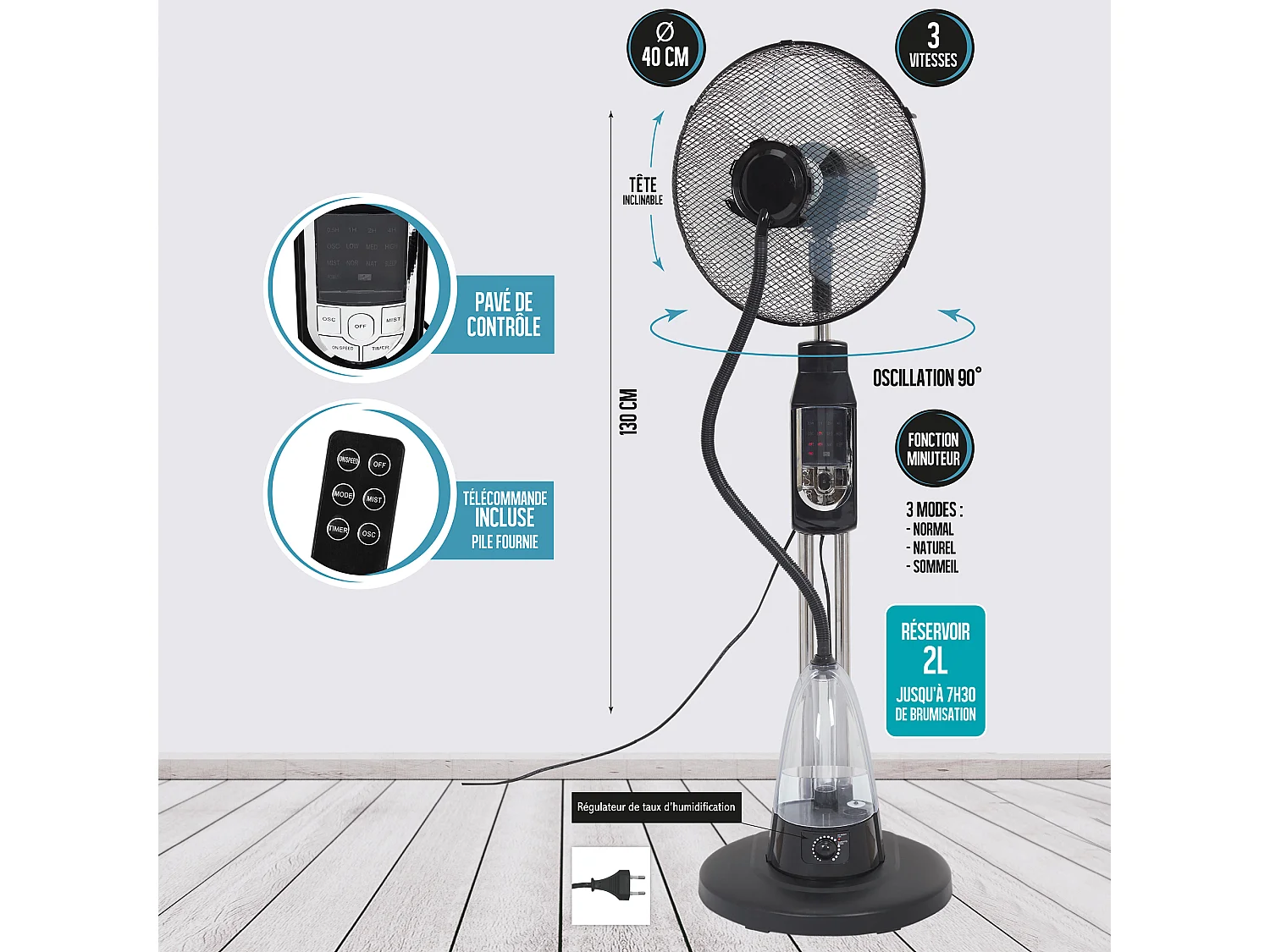 Ventilateur Brumisateur 40cm Telecommande Noir