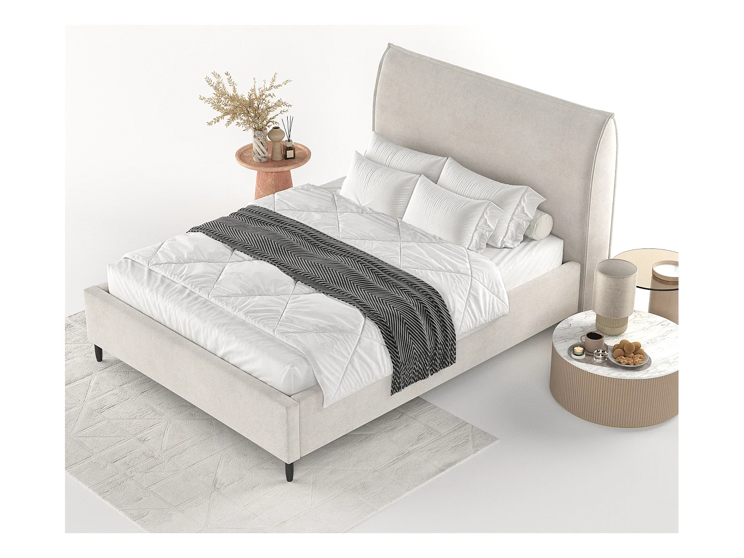 Lit capitonné Shell - 140 x 200 cm - velours - beige clair