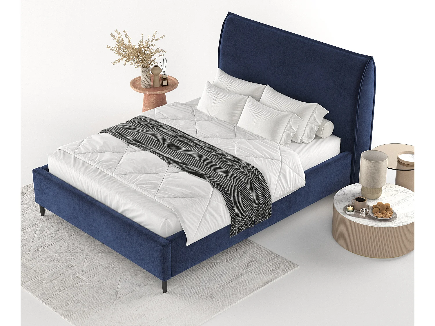 Polsterbett Shell - 120 x 200 cm - Samtstoff - marineblau