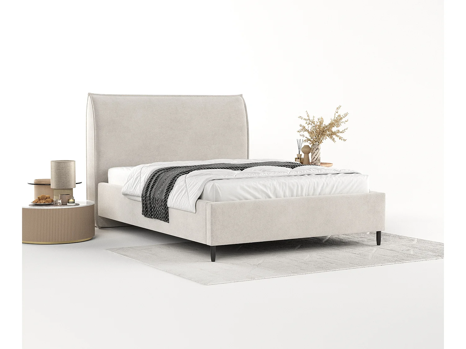 Lit capitonné Shell - 120 x 200 cm - velours - beige clair