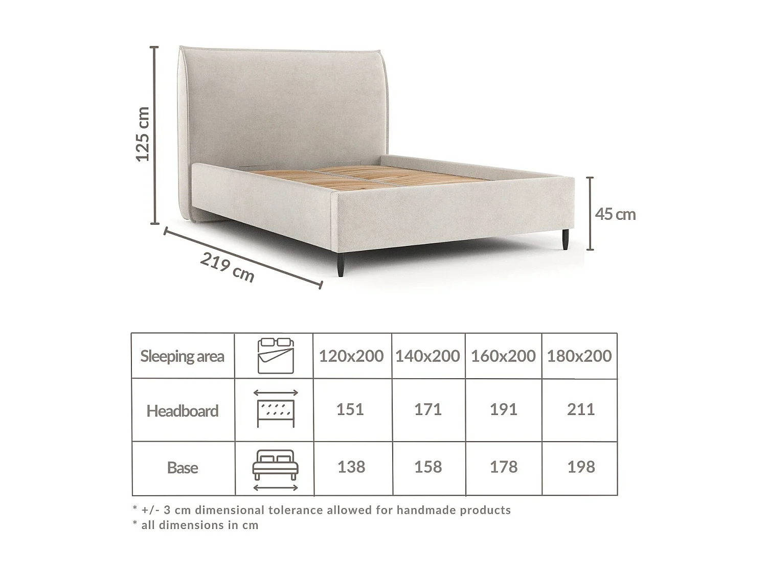 Lit capitonné Shell - 120 x 200 cm - velours - beige clair