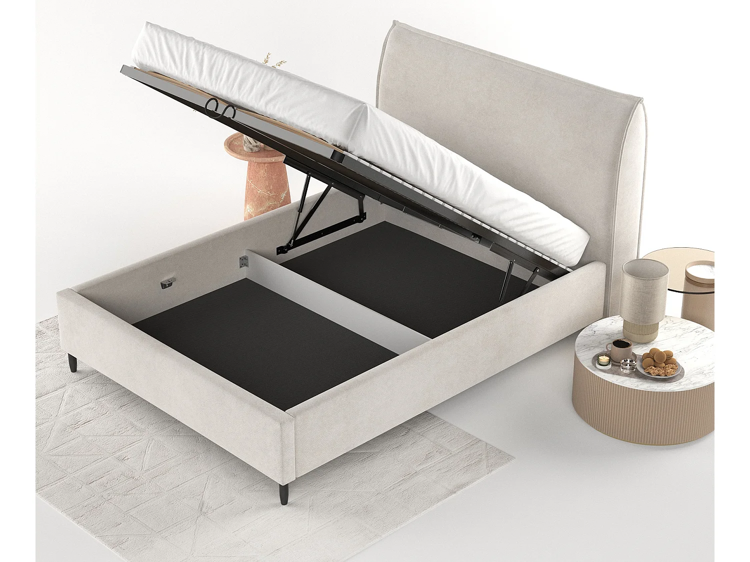 Lit capitonné Shell - 180 x 200 cm - velours - beige clair