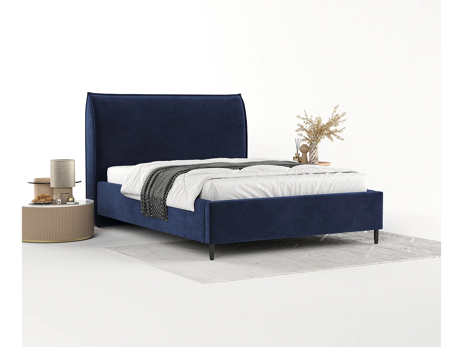 Polsterbett Shell - 140 x 200 cm - Samtstoff - marineblau