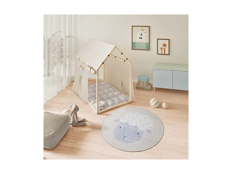 Kinderteppich waschbar - Kinder Schafe - creme - D.120 cm - CANDY