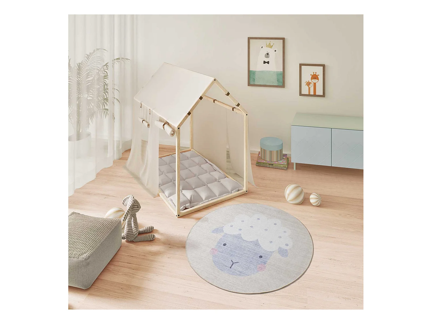 Kinderteppich waschbar - Kinder Schafe - creme - D.120 cm - CANDY