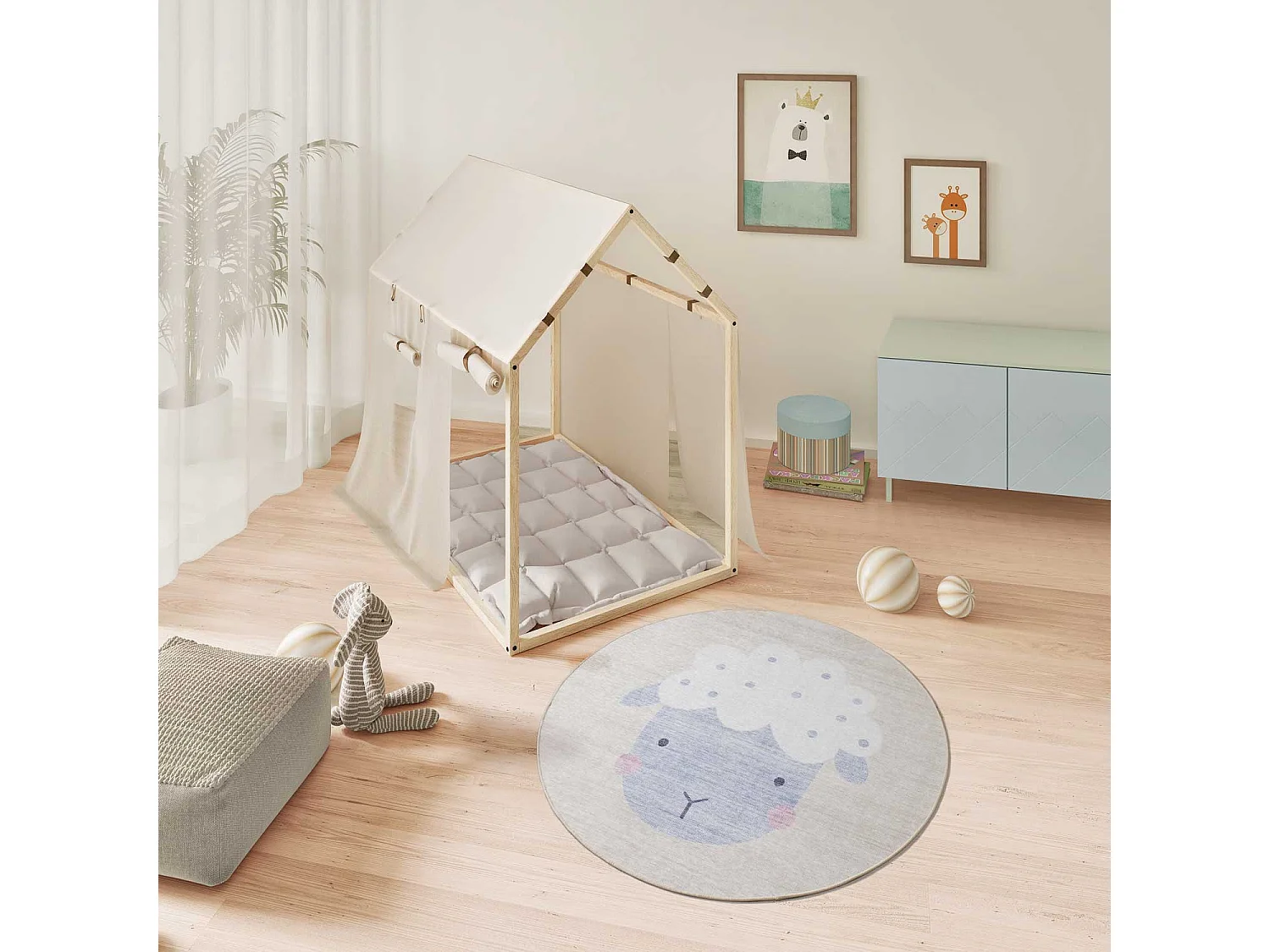 Kinderteppich waschbar - Kinder Schafe - creme - D.120 cm - CANDY