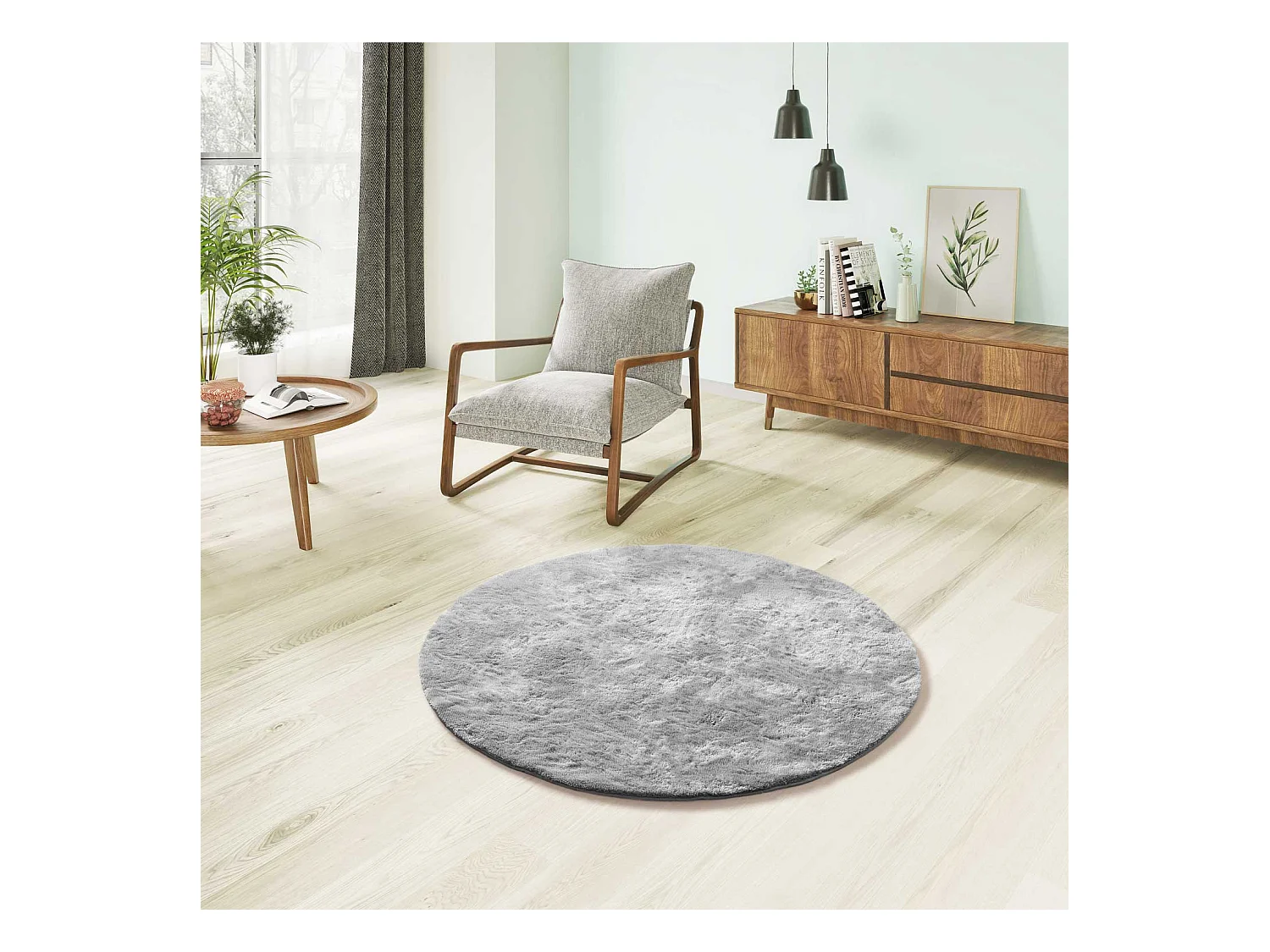 Hochflorteppich - einfarbig shaggy - silber - D.120 cm - ROMA
