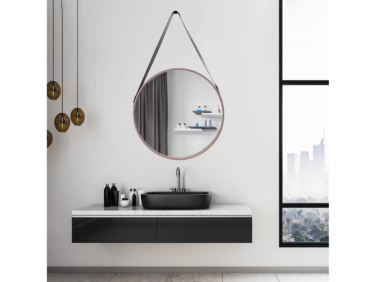 Miroir Rond Avec Anse Pu Bois 50cm Beige