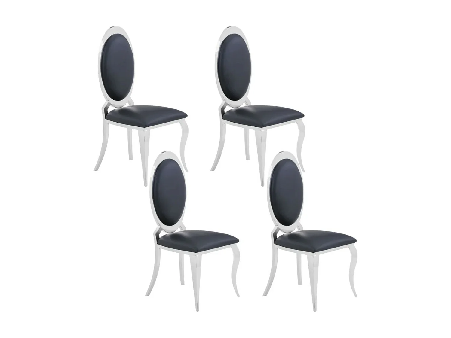 Chaise médaillon simili cuir et pieds métal argenté effet miroir Joliva - Lot de 4-Couleur Noir