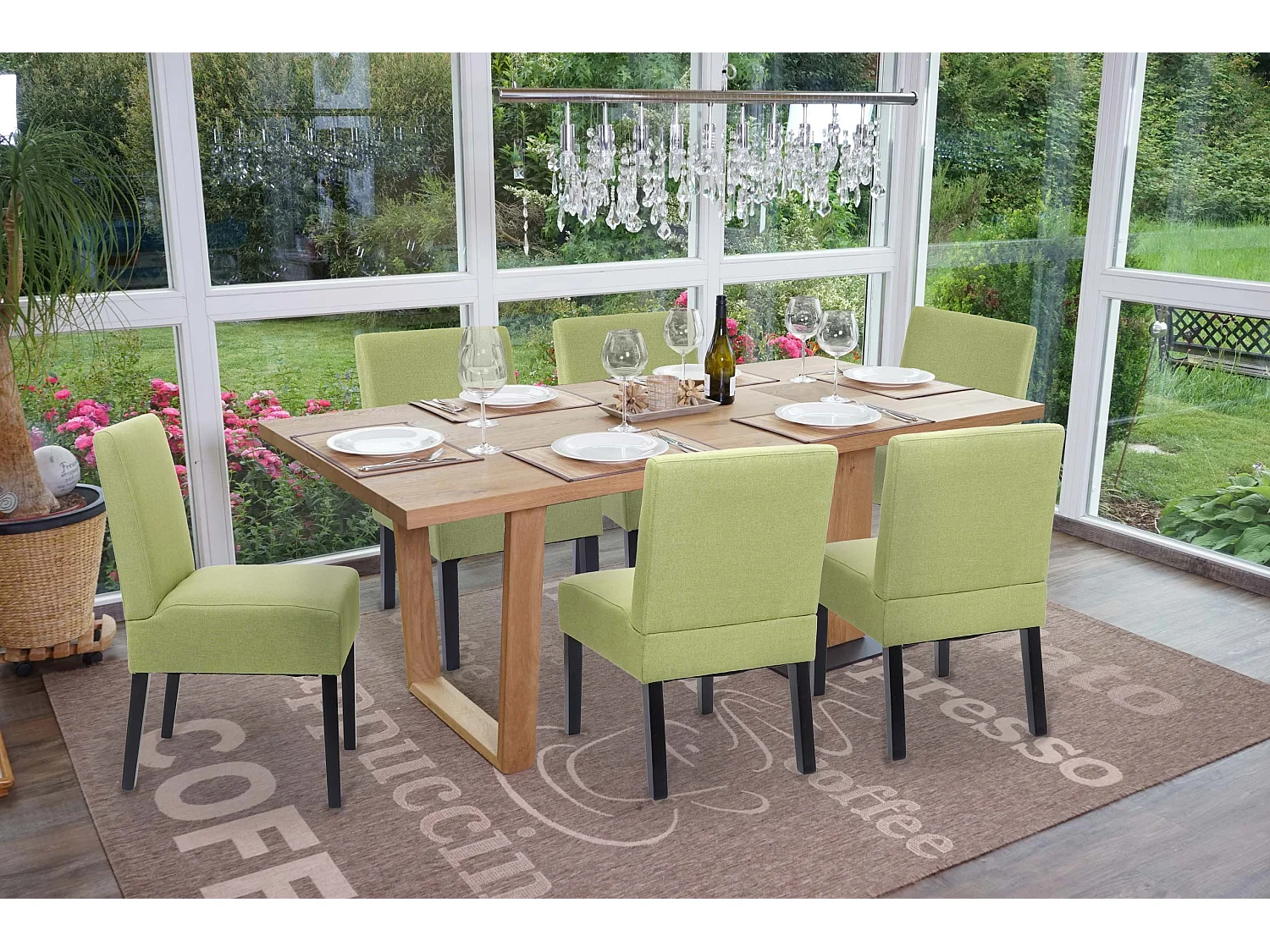 Lot de 6 chaises à manger en tissu vert pieds en bois design simple siège extra long 04_0000842