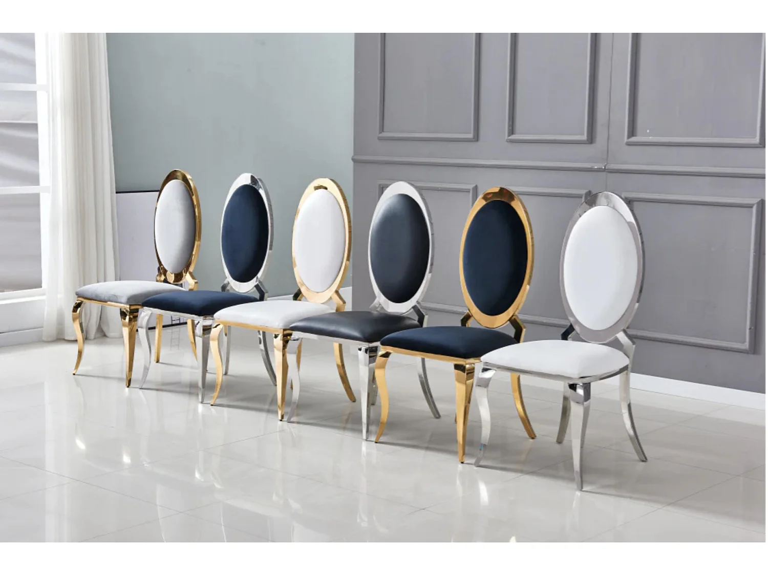 Chaise médaillon simili cuir et pieds métal argenté effet miroir Joliva - Lot de 4-Couleur Blanc