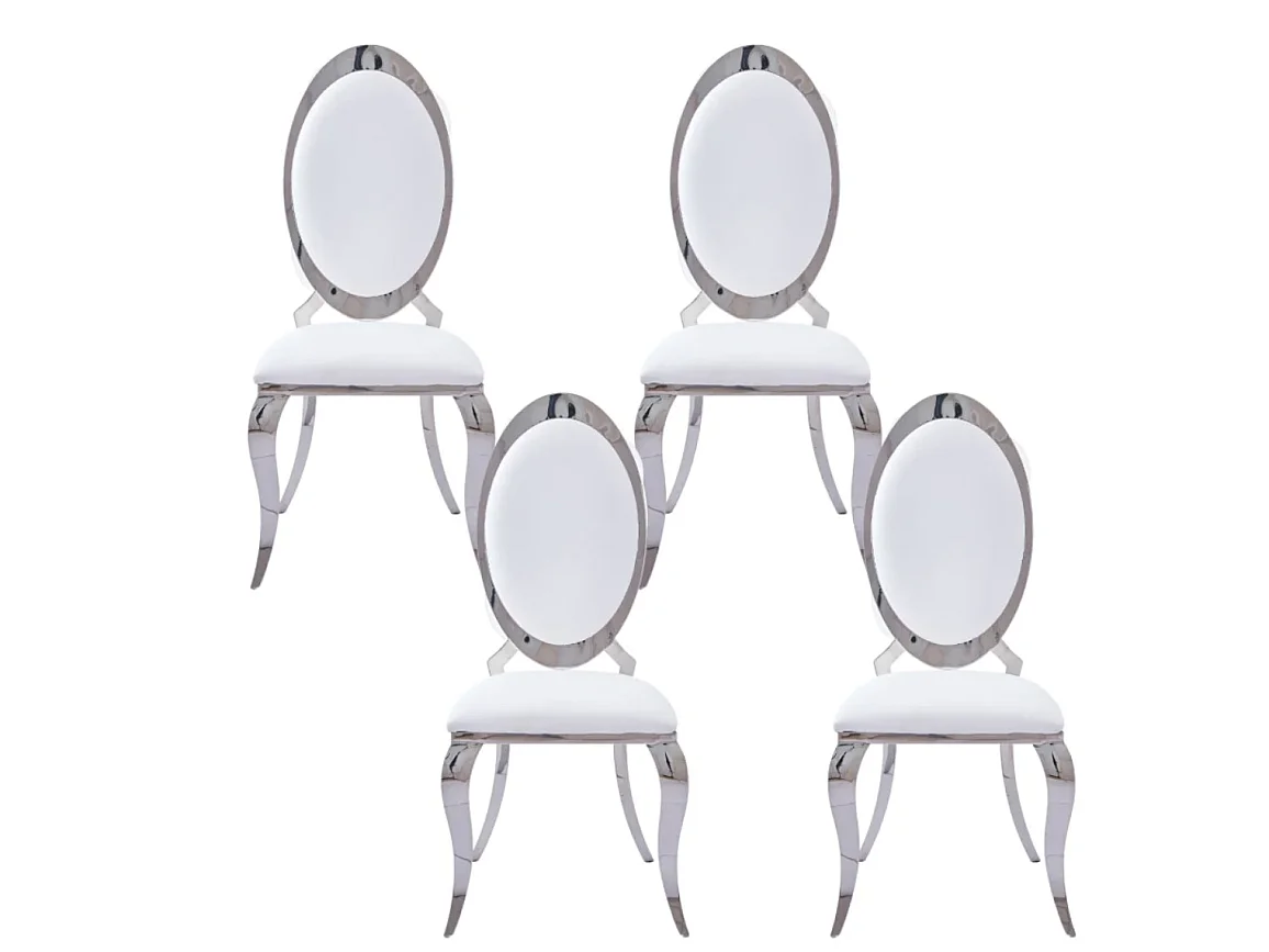 Chaise médaillon simili cuir et pieds métal argenté effet miroir Joliva - Lot de 4-Couleur Blanc