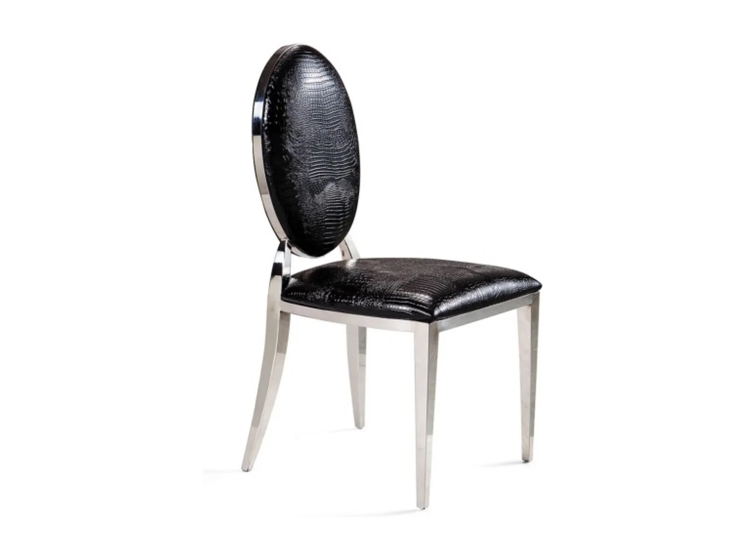 Chaise médaillon simili cuir noir effet croco et pieds métal argenté effet miroir Arel - Lot de 4