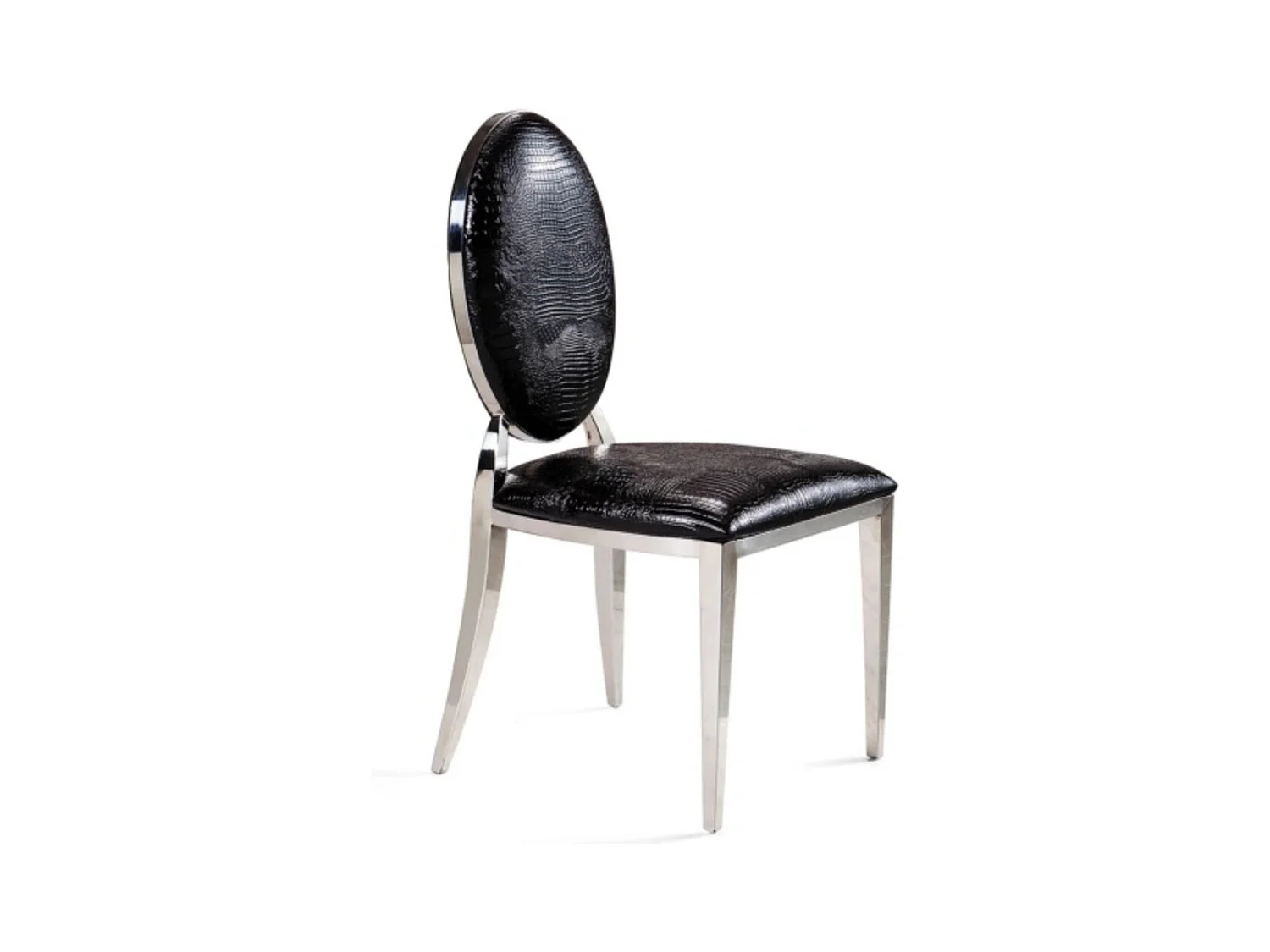 Chaise médaillon simili cuir noir effet croco et pieds métal argenté effet miroir Arel - Lot de 4