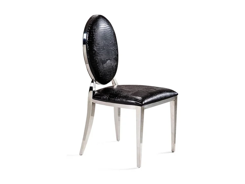 Chaise médaillon simili cuir noir effet croco et pieds métal argenté effet miroir Arel - Lot de 4