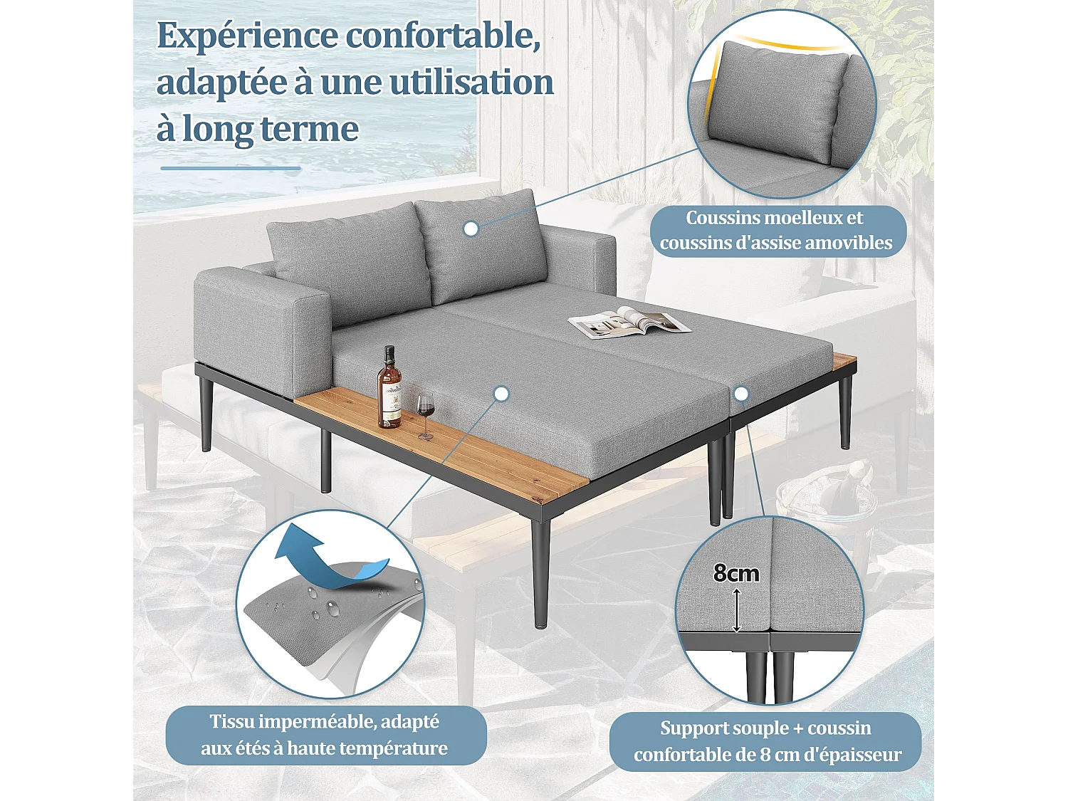 Bain de soleil extérieur, chaise longue extérieure, canapé-lit multifonctionnel imperméable, chaise longue double avec étagère